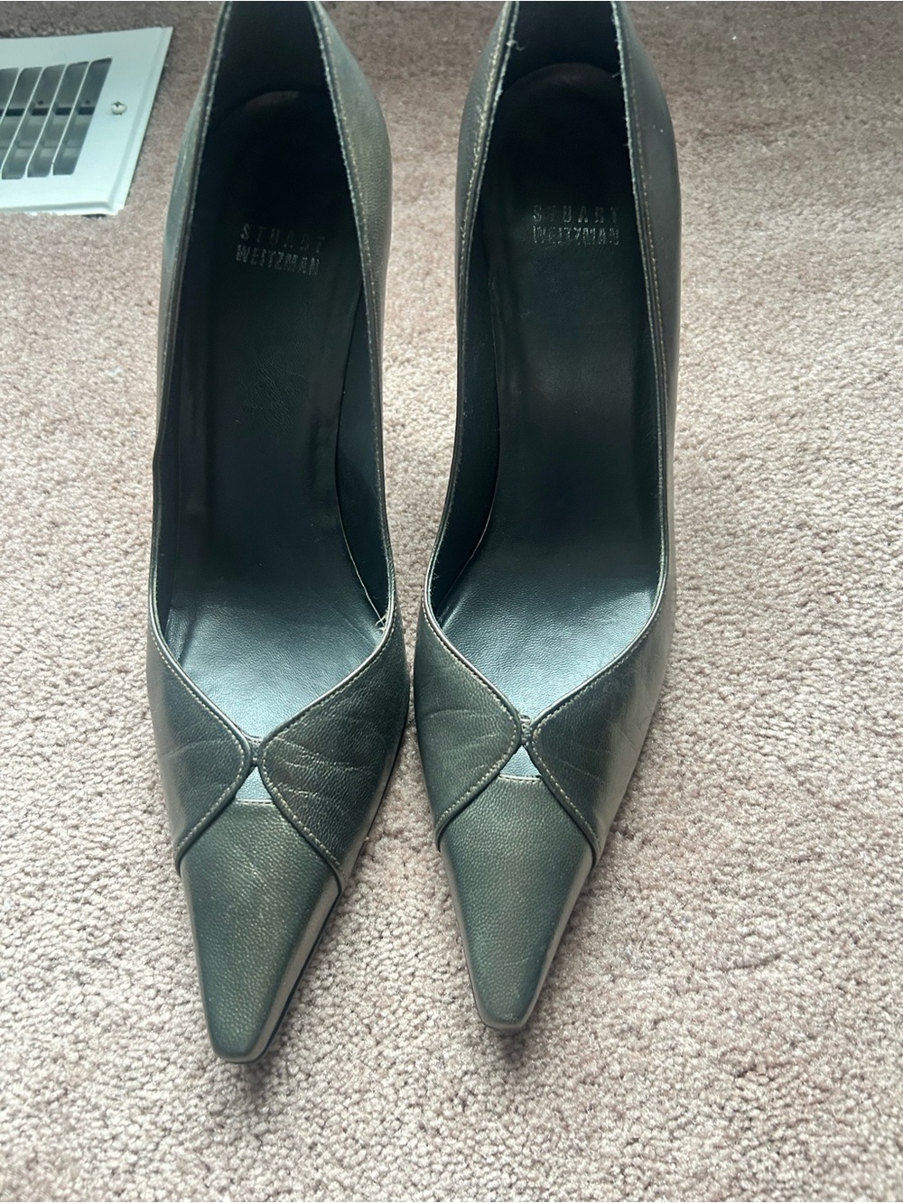 Stuart Weitzman bronze Pointed-Toe Leather Pumps with Stitch Detail